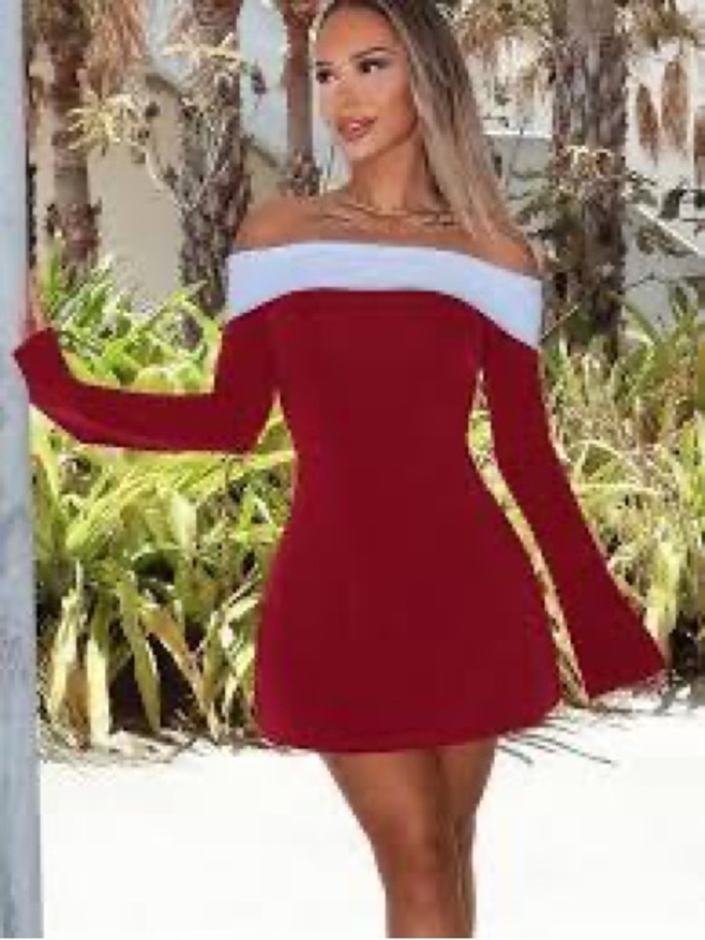 Commense Off-Shoulder Red Mini Dress with White Band